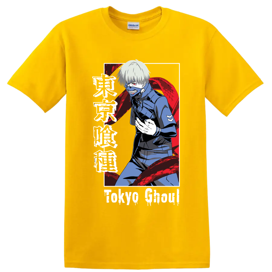 Ken Kaneki masked anime portrait with red kagune in dark Tokyo Ghoul manga style on a Daisy (Yellow) T Shirt