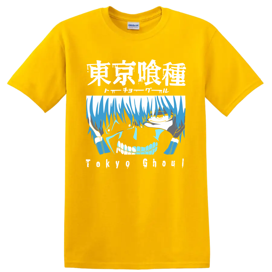 Ken Kaneki blue distressed anime portrait graphic from Tokyo Ghoul on a Daisy (Yellow) T Shirt
