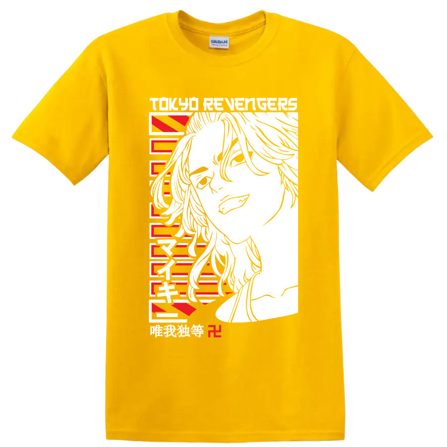 Ken Ryuguji Draken portrait in bold red and black Tokyo Revengers anime art on a Daisy (Yellow) T Shirt