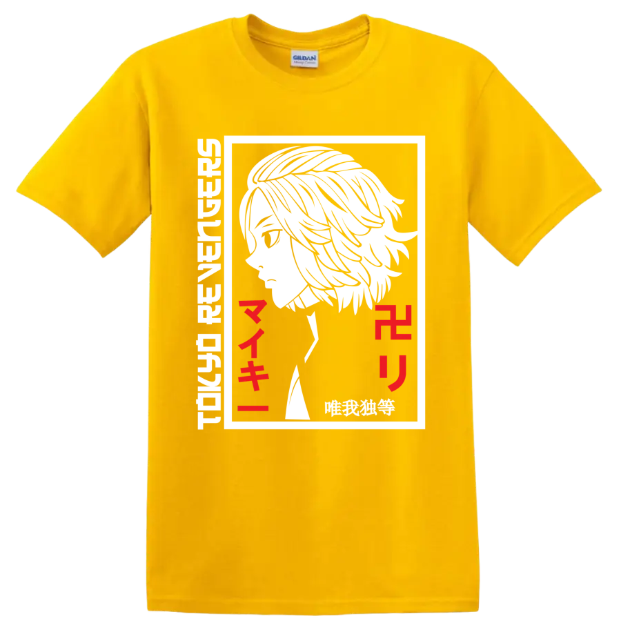 Manjiro Sano Mikey black-and-white manga portrait with red Japanese lettering on a Daisy (Yellow) T Shirt