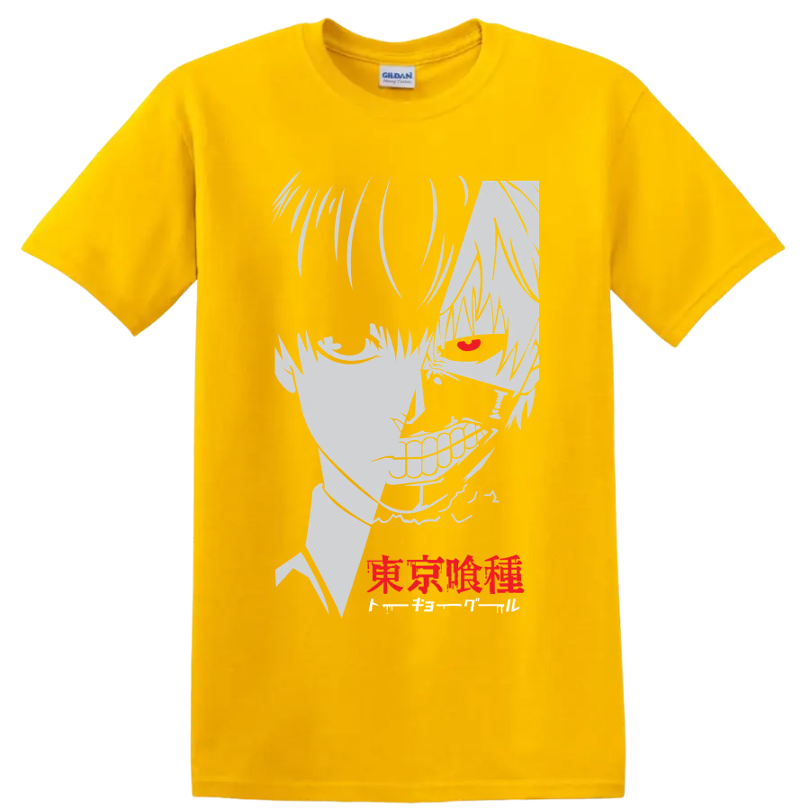 Ken Kaneki Tokyo Ghoul manga portrait with red eye, grin, and Japanese lettering on a Daisy (Yellow) T Shirt