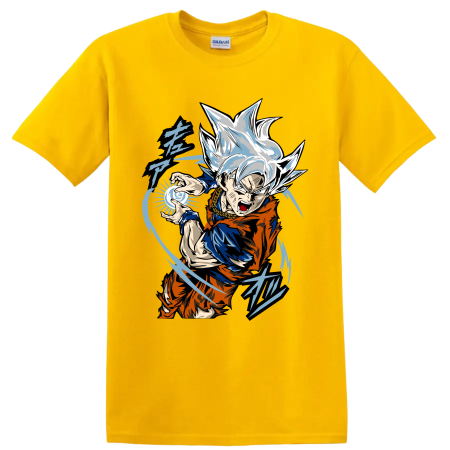 Goku Ultra Instinct anime fighter with blue energy sphere and sweeping action lines on a Daisy (Yellow) T Shirt