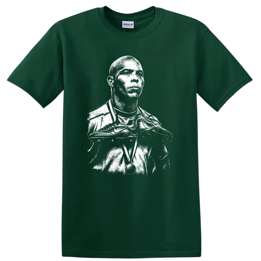 Retro soccer portrait of Ronaldo Nazário legend style T - Forest Green