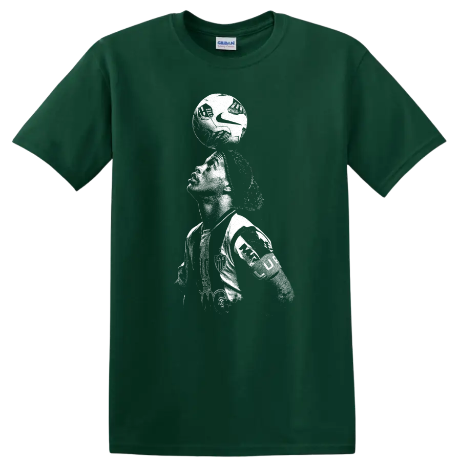 Retro soccer legend portrait of Ronaldinho Gaúcho style on black T - Forest Green