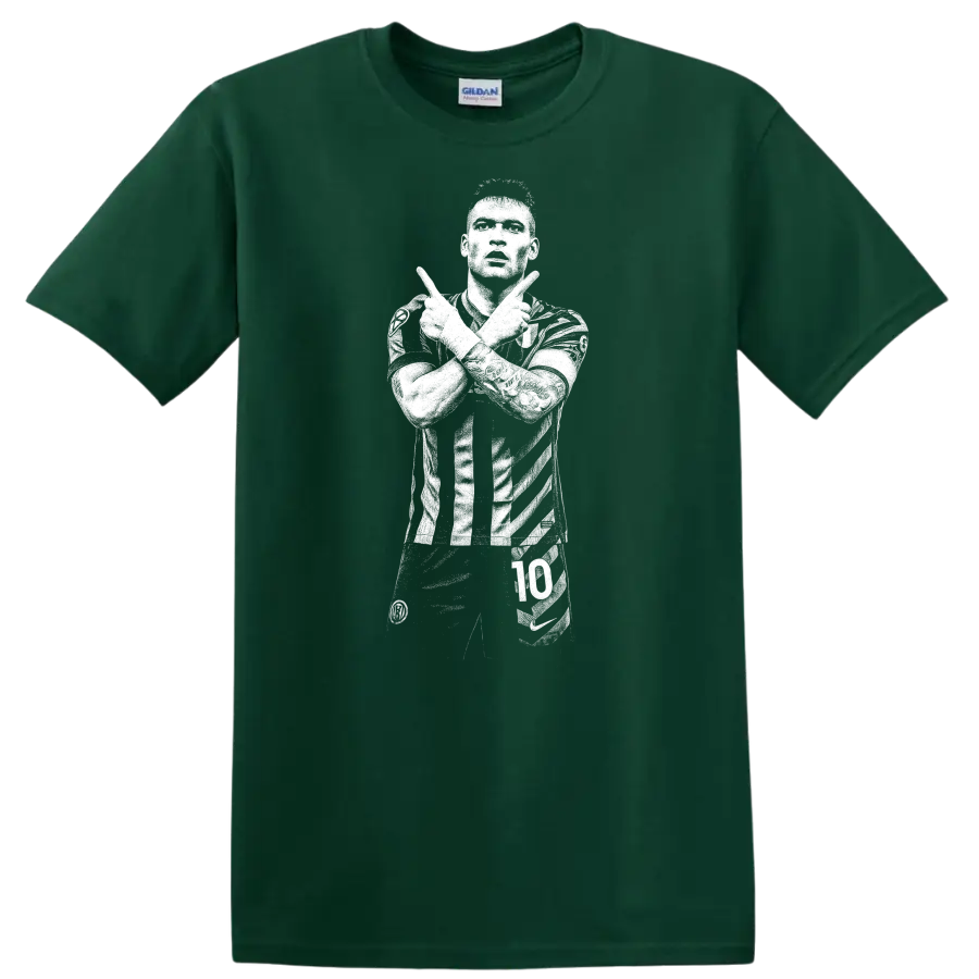 Black and white retro soccer portrait of Lautaro Martínez on a T - Forest Green