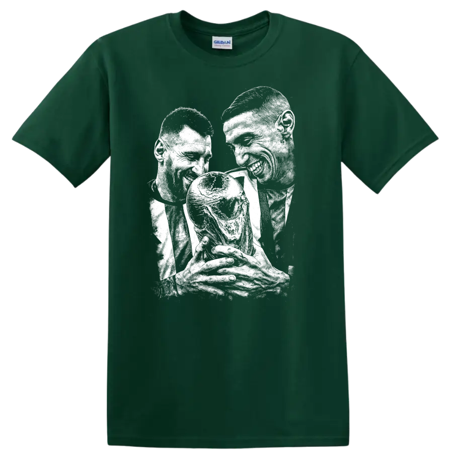 Retro soccer legend portrait design featuring Lionel Messi and Ángel Di María T - Forest Green