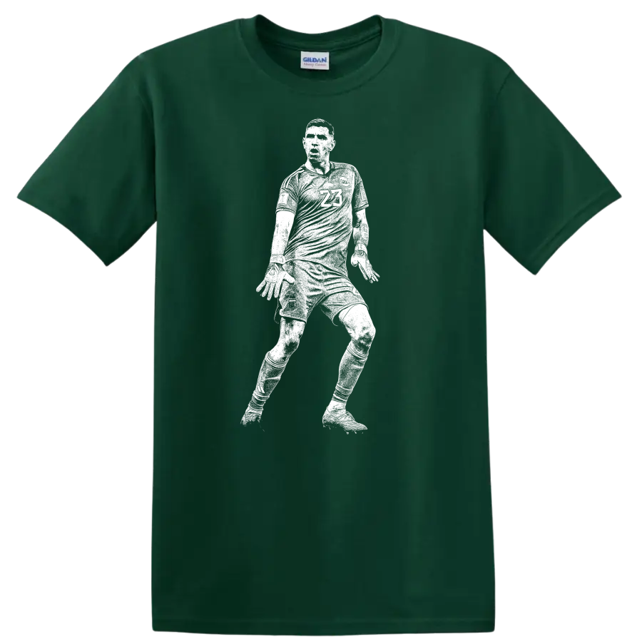 Black and white retro soccer player silhouette design for Emiliano Martínez T - Forest Green