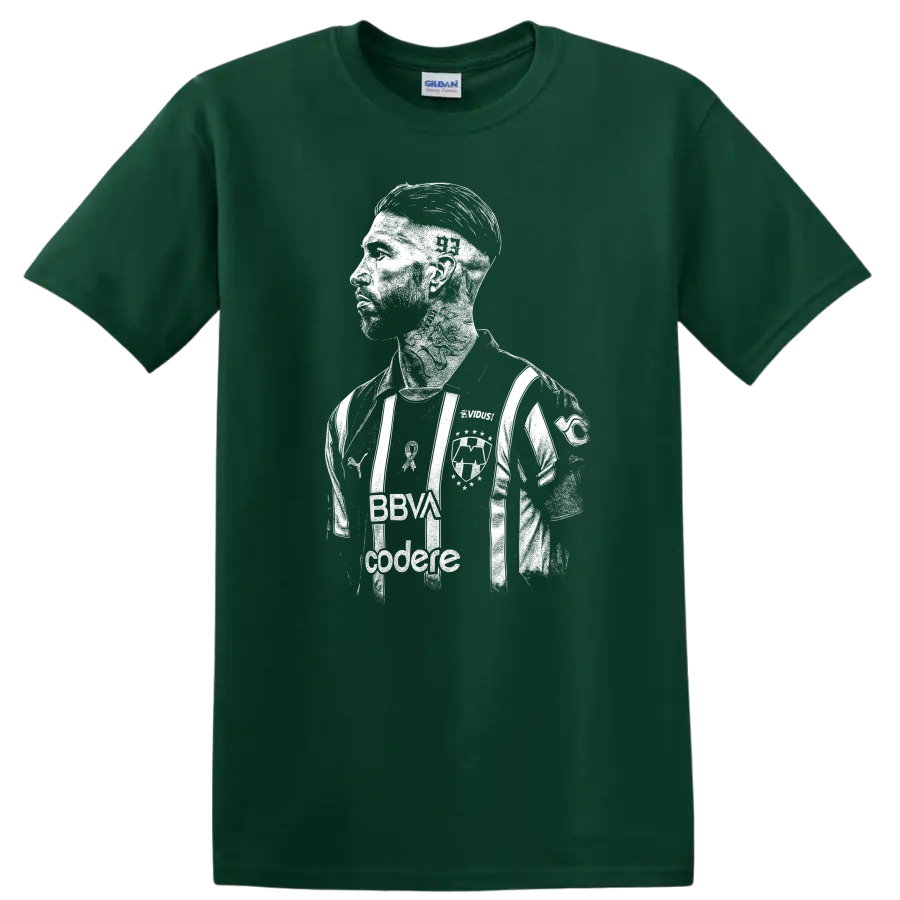 Retro style Sergio Ramos soccer portrait graphic on T - Forest Green