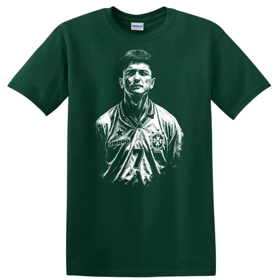 Retro soccer portrait of Romário de Souza Faria, legend style T shirt - Forest Green