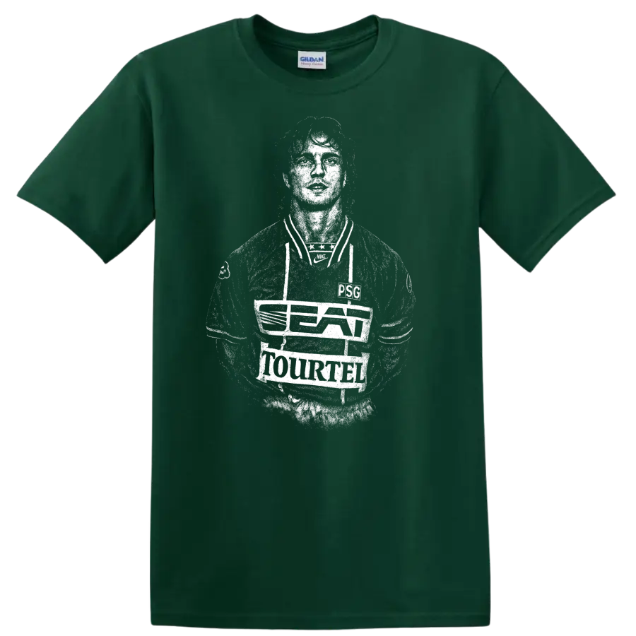 Retro soccer portrait style graphic inspired by David Ginola T - Forest Green