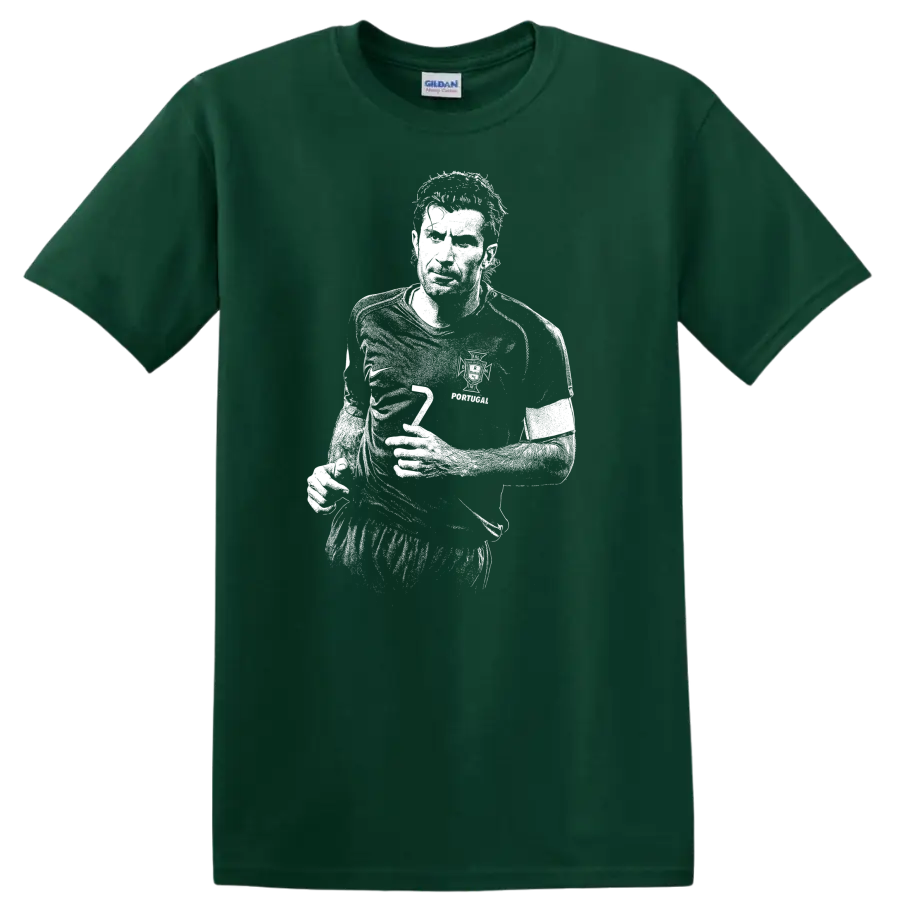 High-contrast retro soccer portrait of Luís Figo style graphic T-shirt - Forest Green