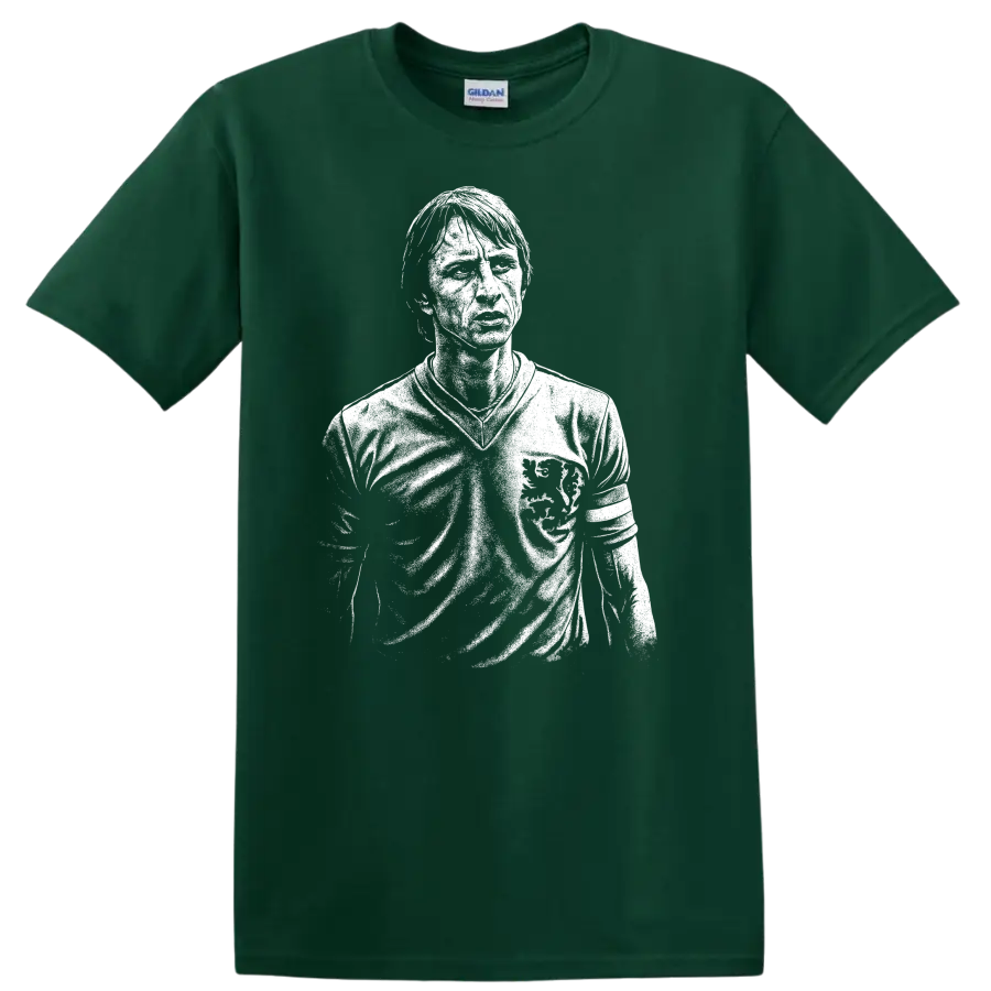 Black and white retro soccer portrait graphic T shirt inspired by Johan - Forest Green