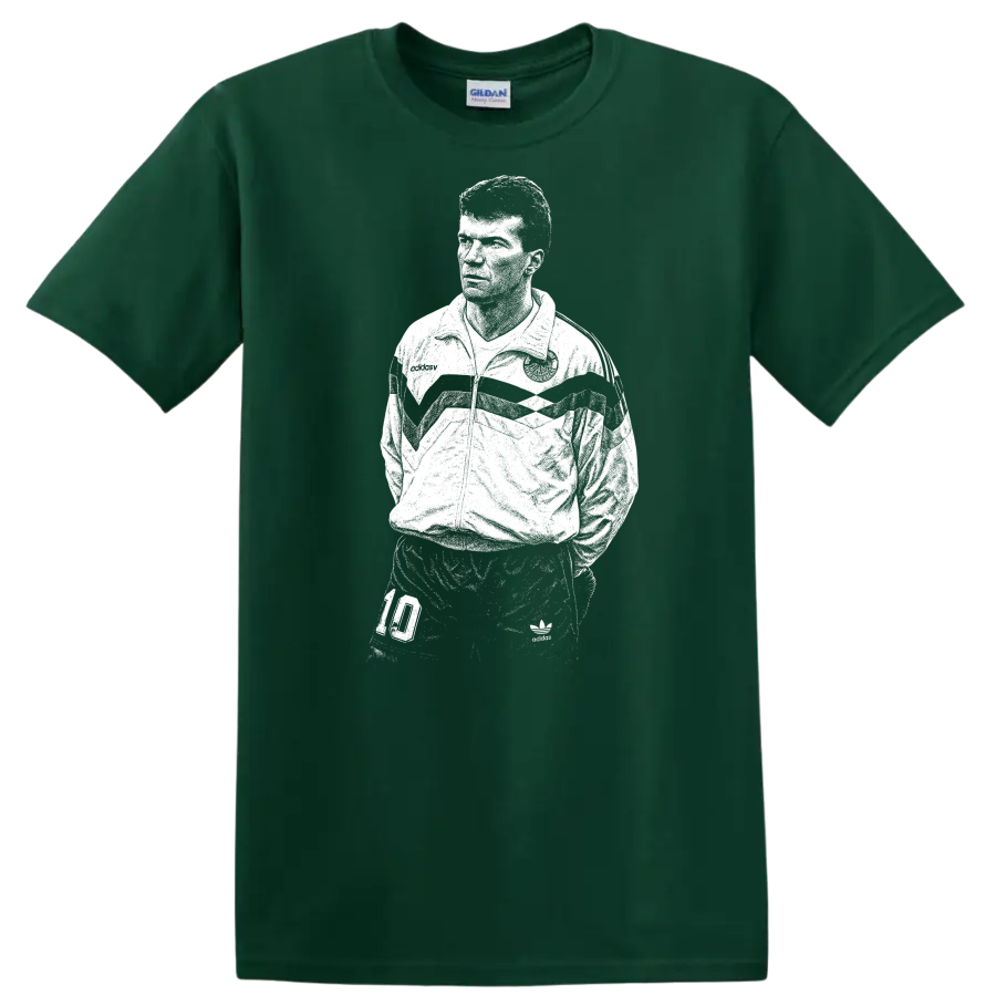 Retro soccer legend portrait graphic T Shirt inspired by Matthias - Forest Green