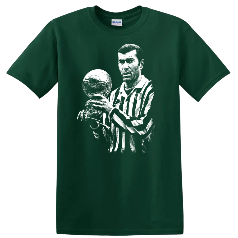 Black and white retro soccer portrait of Zinedine Zidane style T - Forest Green