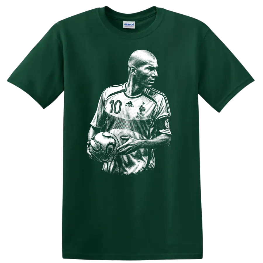 Retro soccer portrait of Zinedine Zidane in bold black and white style T - Forest Green