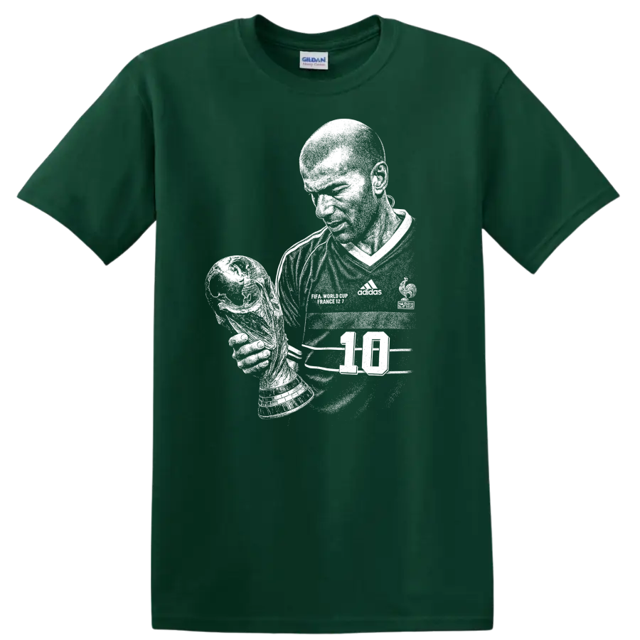 Retro black and white Zinedine Zidane soccer portrait T shirt - Forest Green