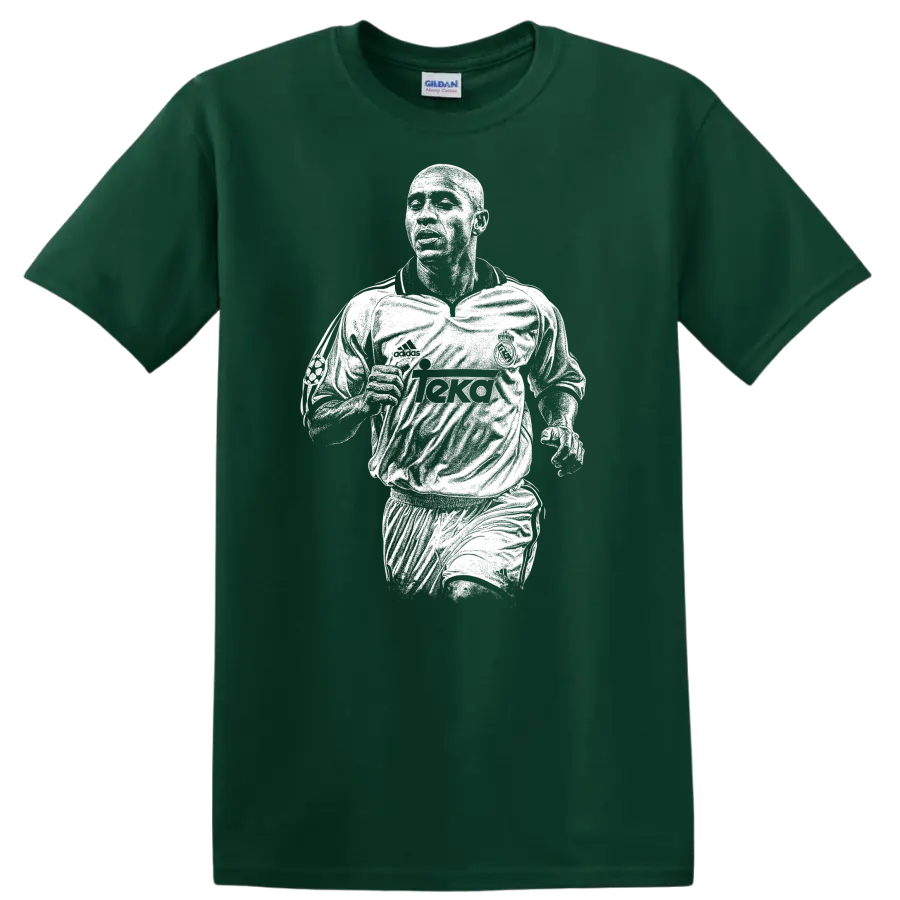 Retro soccer portrait of Roberto Carlos da Silva Rocha legend style T - Forest Green