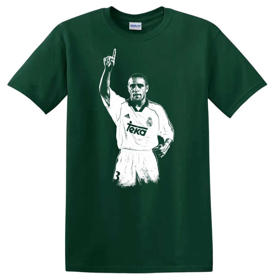 Retro soccer legend portrait of Roberto Carlos in vintage style T - Forest Green