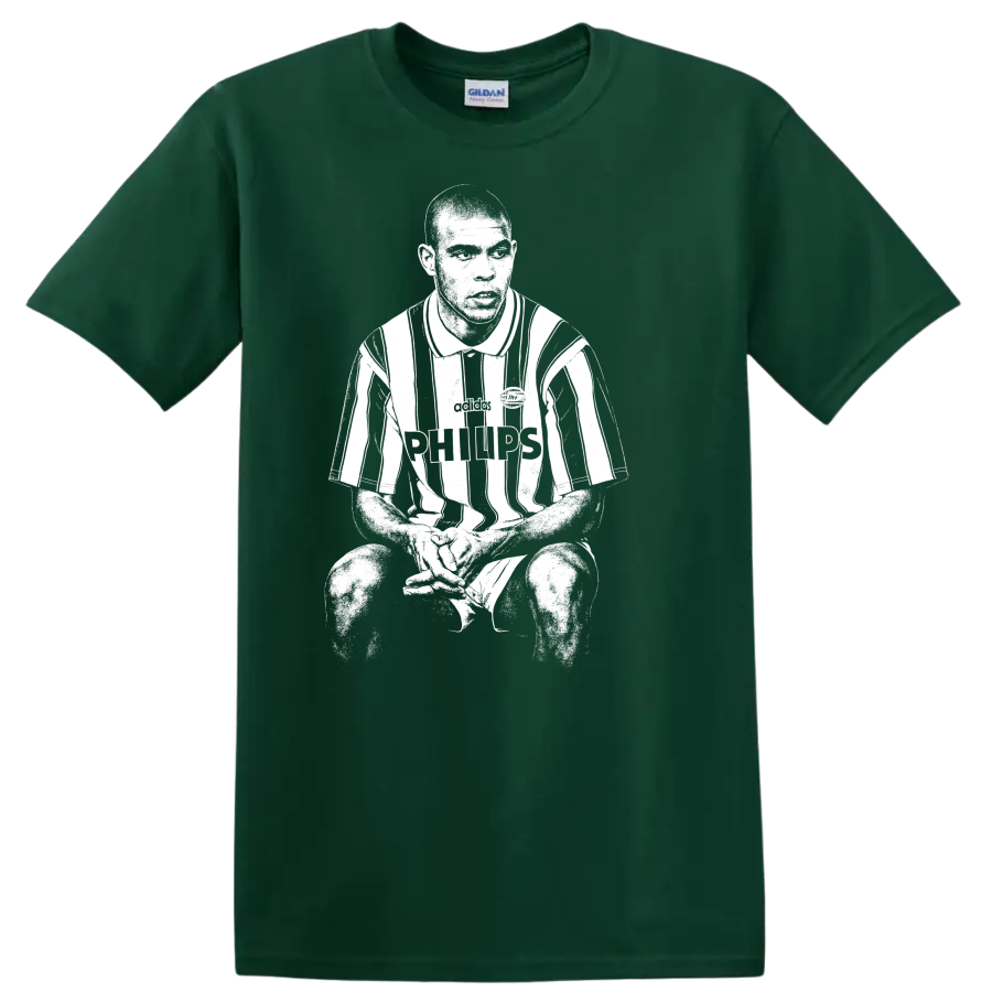 Black and white retro soccer portrait of Ronaldo Nazário style graphic T - Forest Green