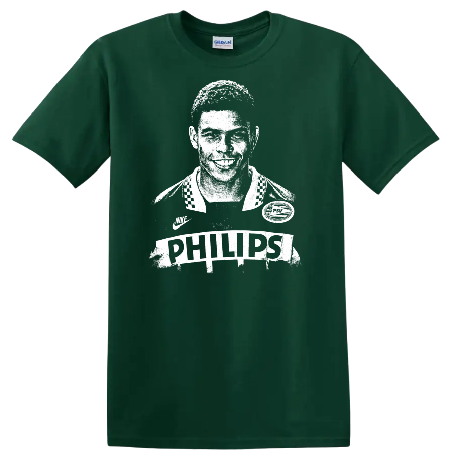 Retro soccer legend portrait design inspired by Ronaldo Nazário with bold vintage style T - Forest Green