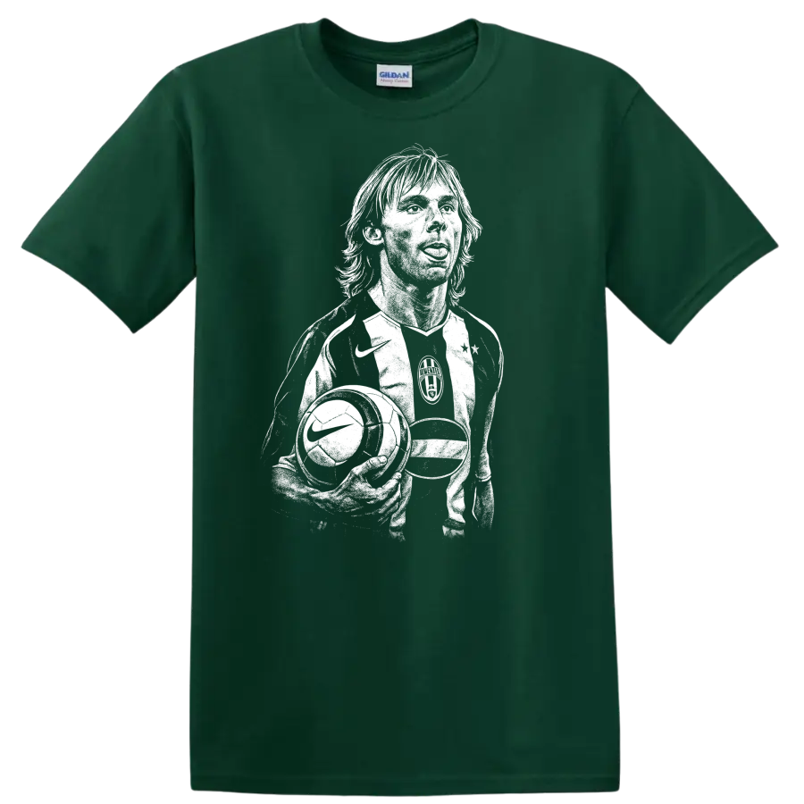 Black and white retro soccer portrait graphic T shirt featuring Pavel - Forest Green