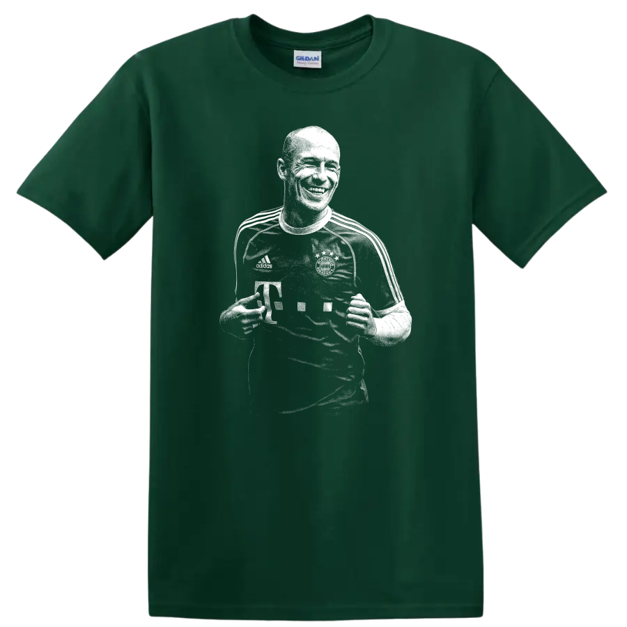 Black and white retro soccer portrait of Arjen Robben on a T - Forest Green