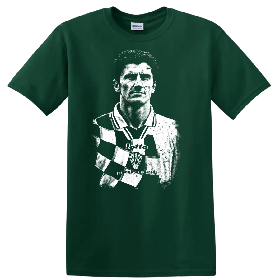 High-contrast retro soccer portrait of Davor Šuker graphic T - Forest Green