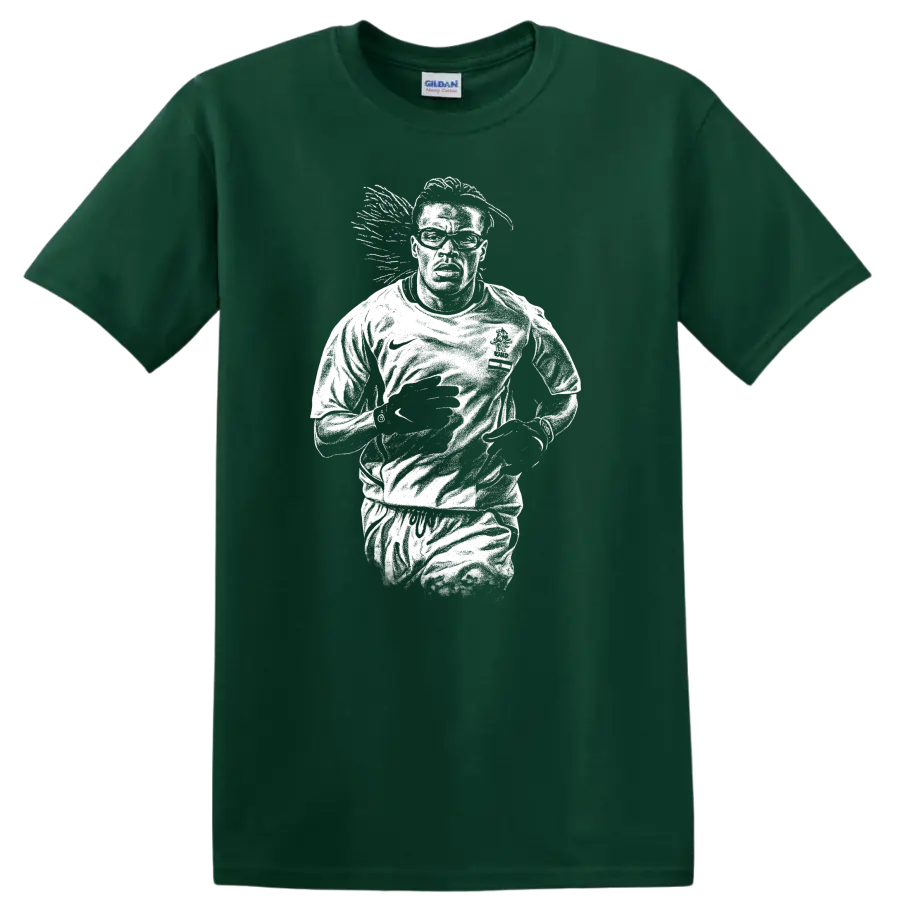 High-contrast retro soccer portrait of Edgar Davids inspired legend style T - Forest Green