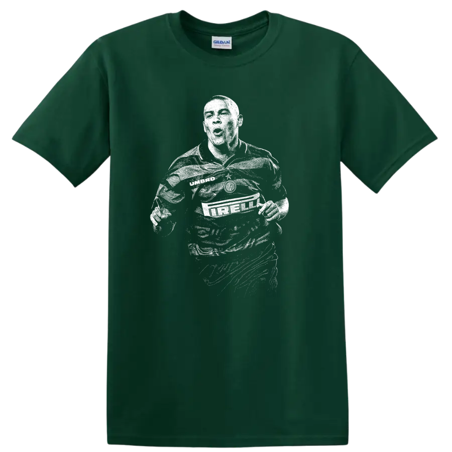 Retro soccer legend portrait of Ronaldo Nazário style graphic T - Forest Green