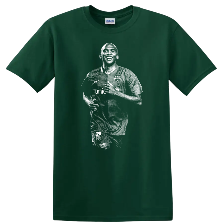 Retro soccer portrait style of Samuel Eto'o on a black T - Forest Green