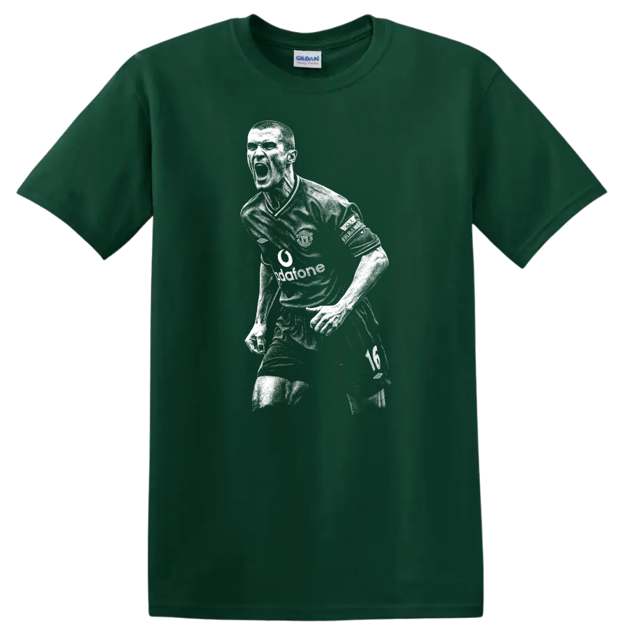 High-contrast retro soccer portrait of Roy Keane style T-shirt - Forest Green