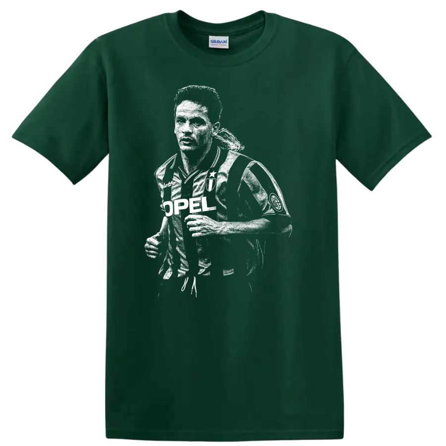Black and white retro soccer portrait of Roberto Baggio on a T - Forest Green