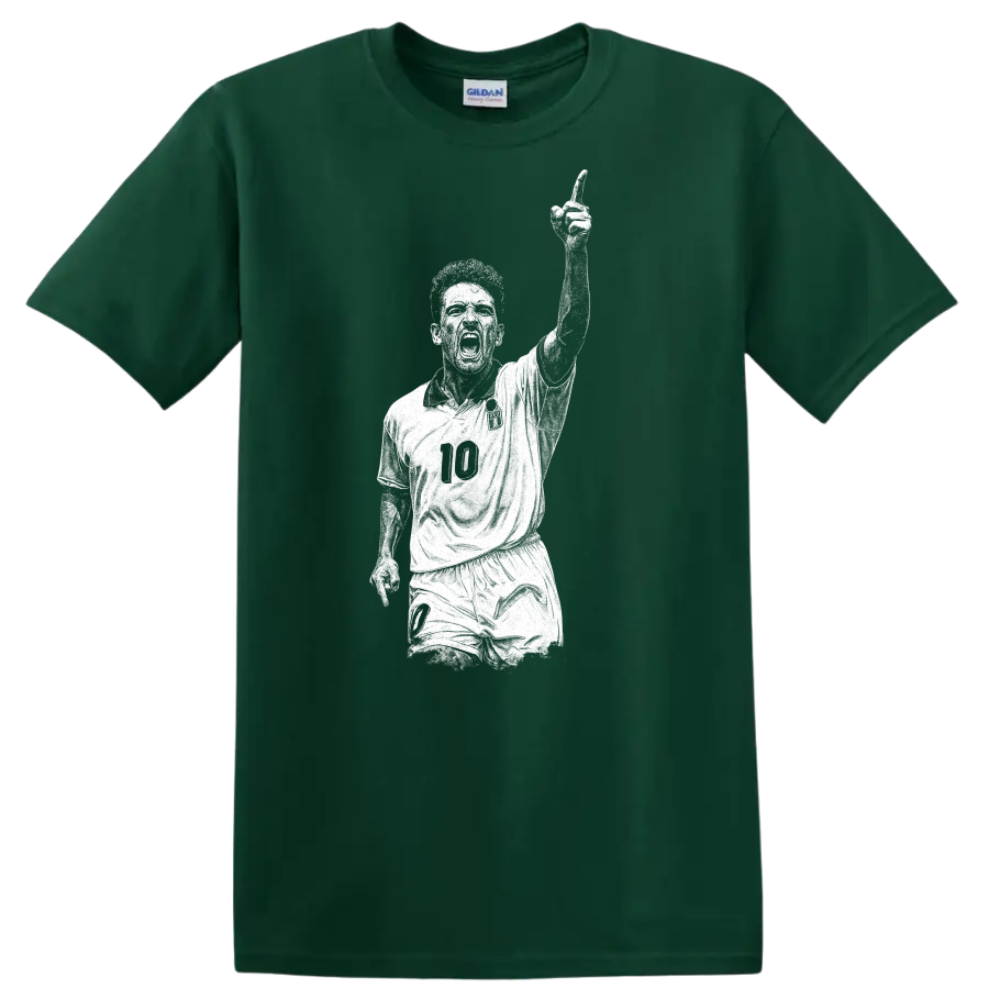 Retro soccer legend portrait of Roberto Baggio in bold black and white T Shirt - Forest Green