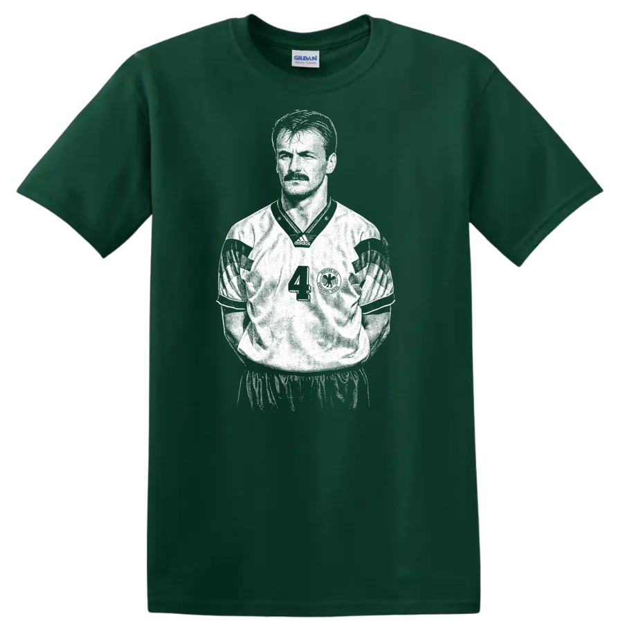 Retro soccer legend portrait style graphic featuring Jürgen Kohler on a T - Forest Green