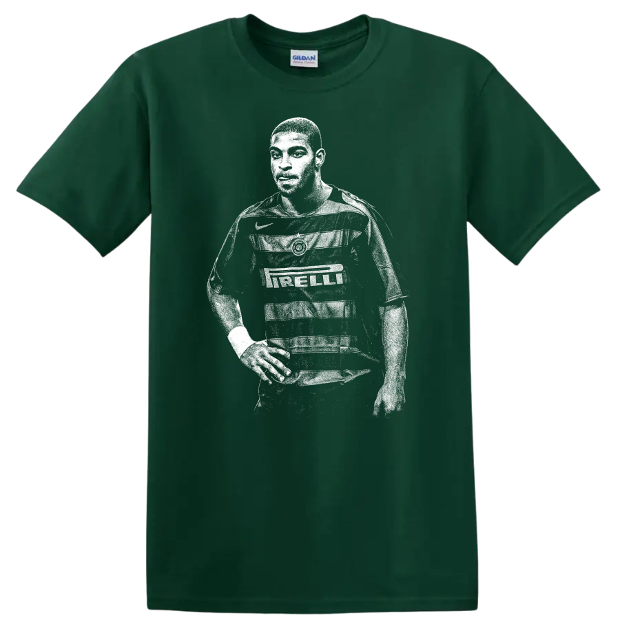 Retro soccer player portrait of Adriano Leite Ribeiro in black and white T shirt - Forest Green
