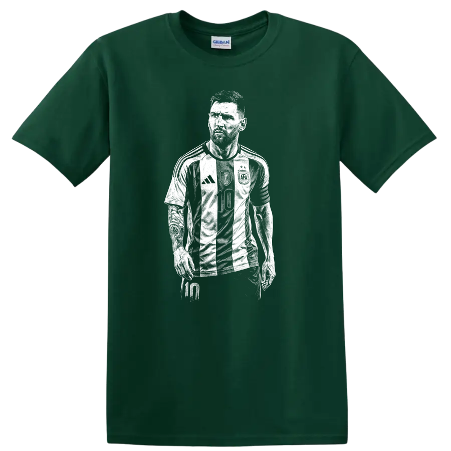 Retro soccer Lionel Messi portrait legend style T - Forest Green