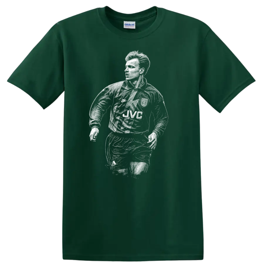 Retro soccer portrait of Dennis Bergkamp legend style T - Forest Green