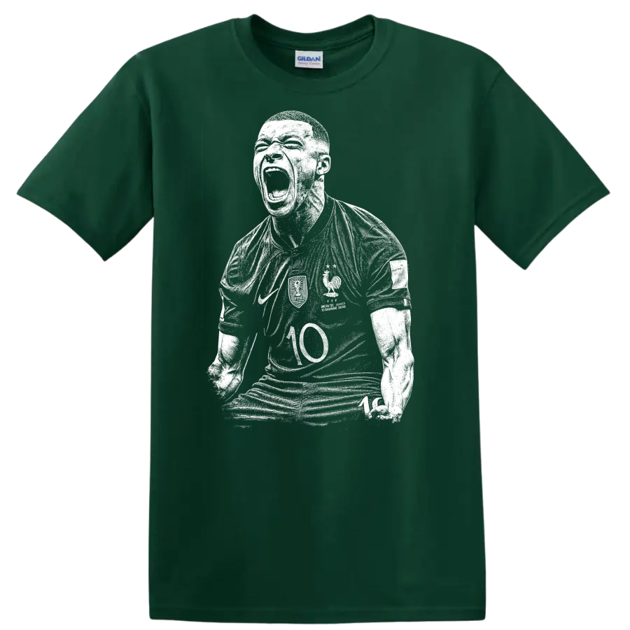 Black and white retro soccer portrait style Kylian Mbappe T Shirt - Forest Green