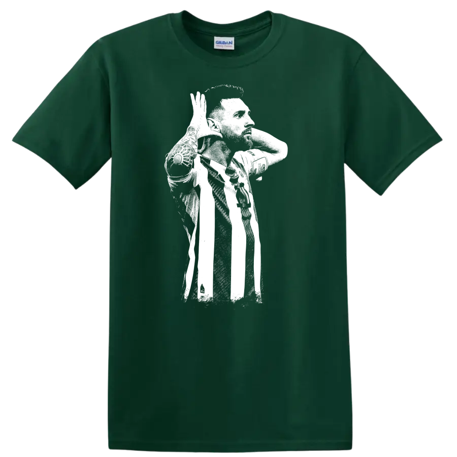 High-contrast retro soccer portrait of Lionel Messi style graphic - Forest Green