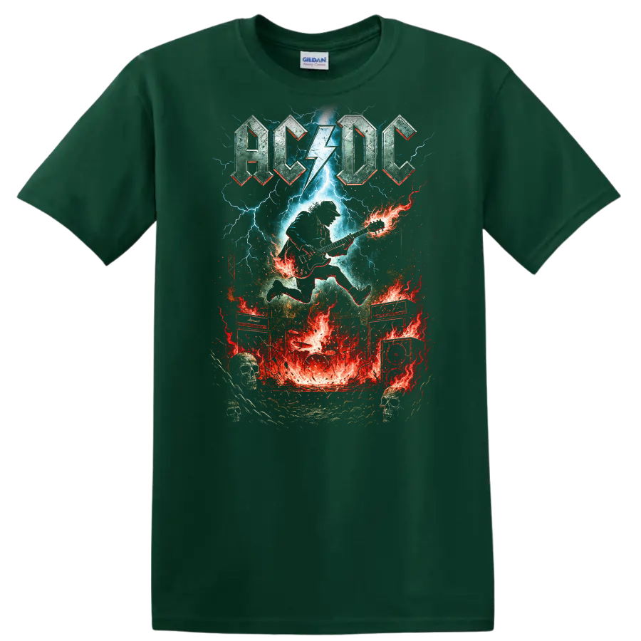 AC DC Retro Rock Lightning Guitar Heavy Metal T Shirt - Forest Green
