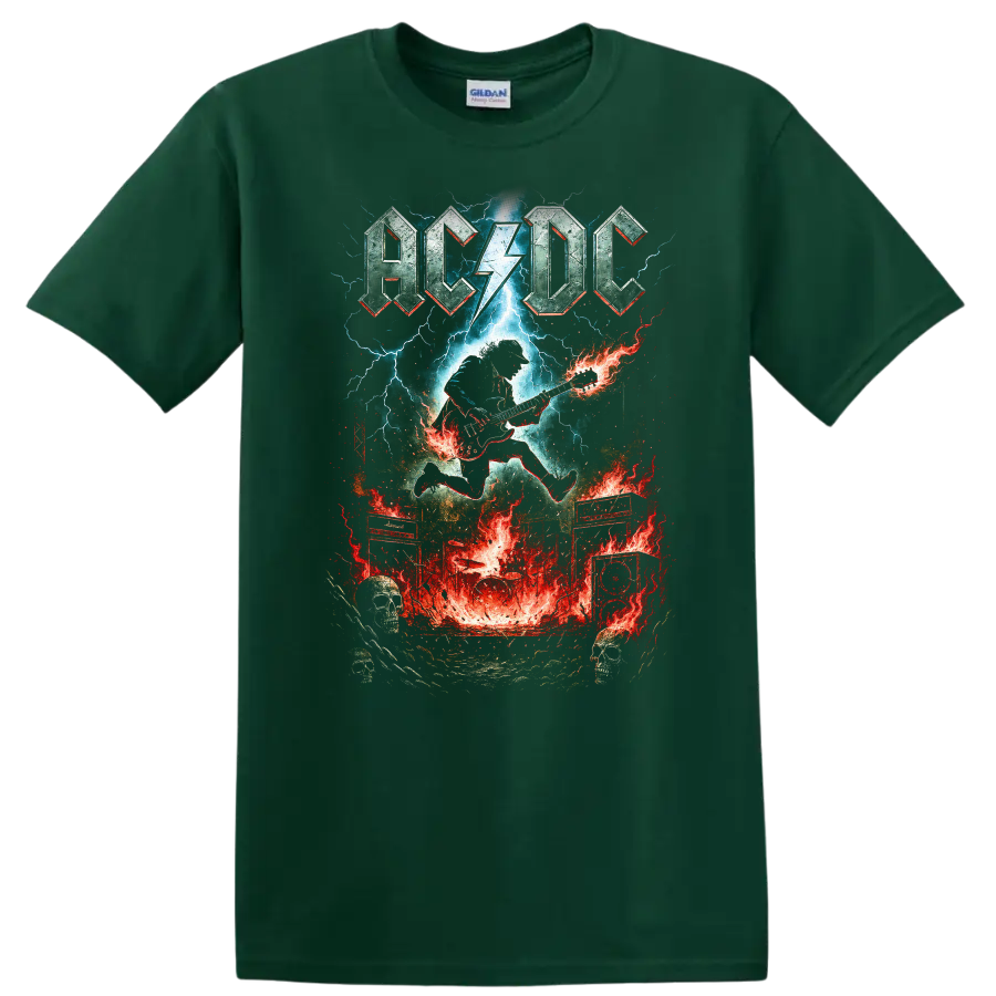 AC DC Retro Rock Lightning Guitar Heavy Metal T Shirt on a Forest Green T Shirt