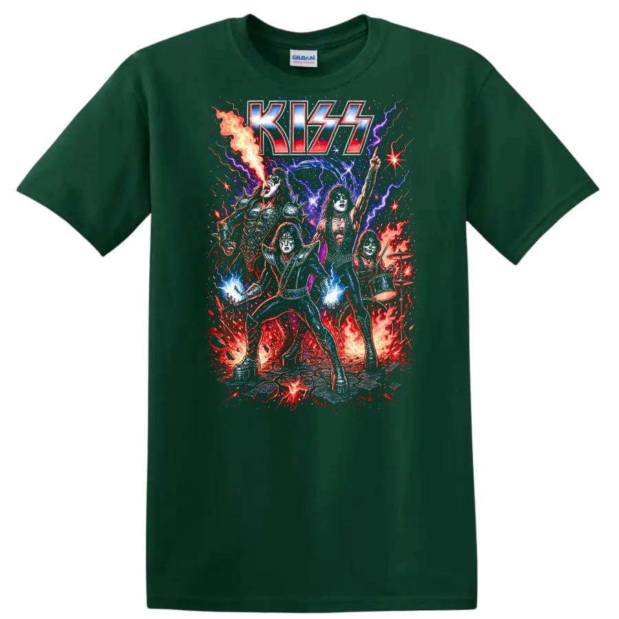KISS Retro Heavy Metal Rock Band Album Cover Legend Style T Shirt - Forest Green