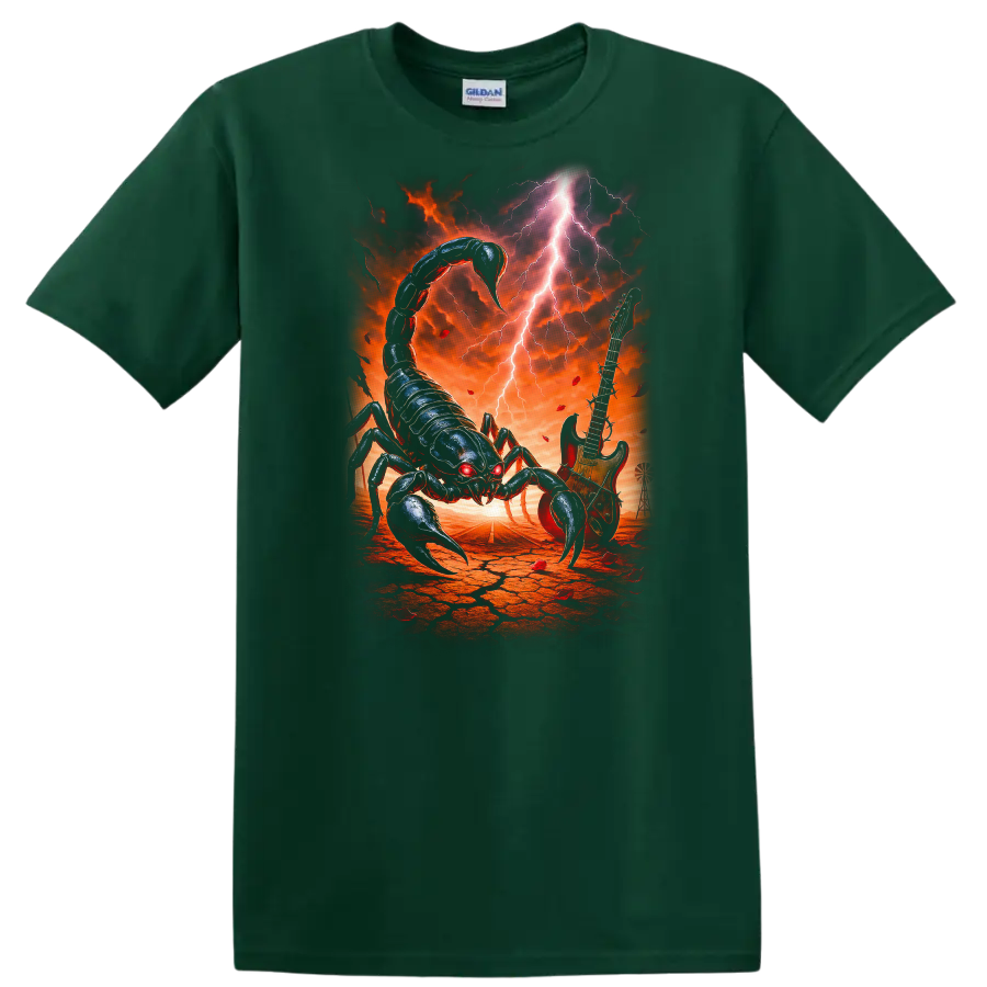 Heavy Metal Scorpion Guitar Retro Rock Band Album Art T Shirt - Forest Green
