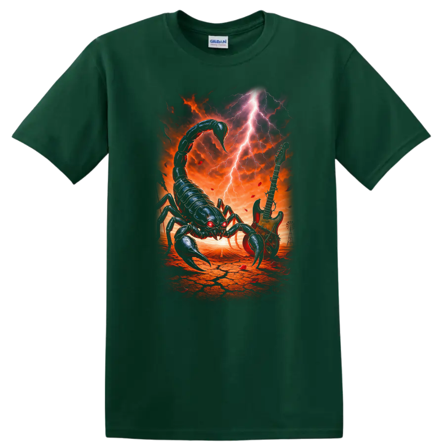 Vintage classic rock scorpion graphic T shirt design on a Forest Green T Shirt