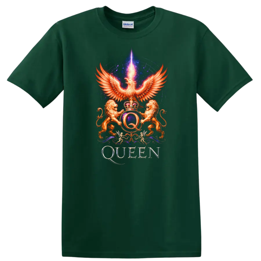 Retro Rock Queen Phoenix Crest Heavy Metal Band Style T Shirt - Forest Green