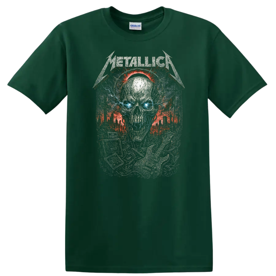 Metallica Skull Heavy Metal Album Art Graphic T Shirt - Forest Green