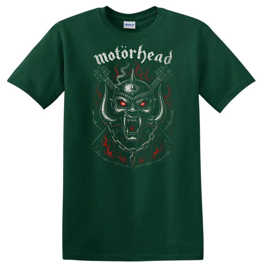 Motörhead Heavy Metal Skull Flames Retro Band Style T Shirt - Forest Green