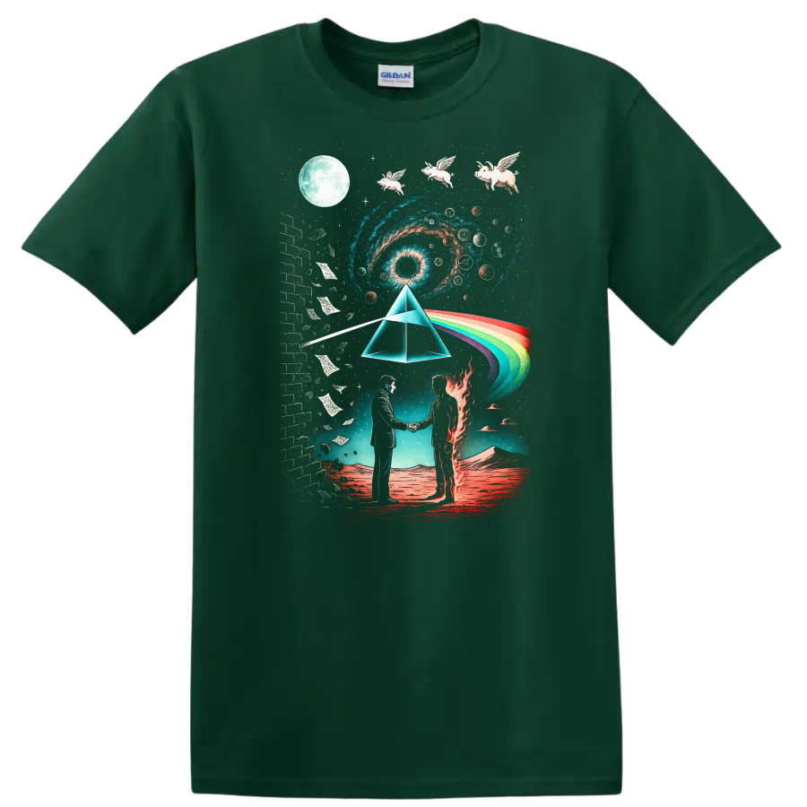 Vintage Pink Floyd inspired T Shirt with cosmic art and rainbow design on a Forest Green T Shirt