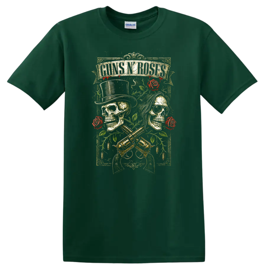 Guns N’ Roses Retro Heavy Metal Skull Roses T Shirt - Forest Green
