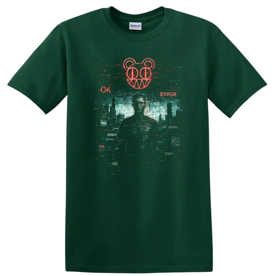 Retro Glitch Heavy Metal Album Cover Style T Shirt - Forest Green